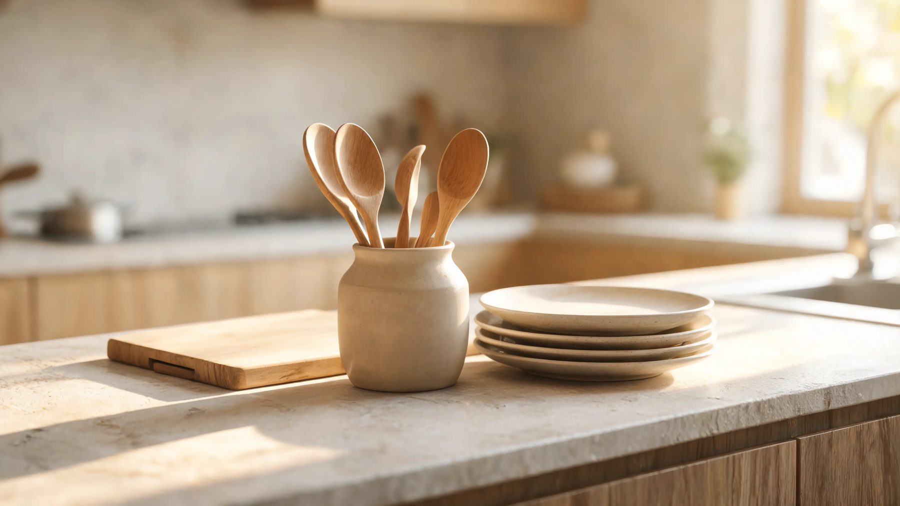 Kitchen bench with a cutting board, a crock of spoons and stacked plates